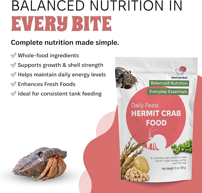 Snout and Shell Daily Feast Hermit Crab Food – Balanced Nutrition Blend with Protein, Calcium & Foraging Ingredients – Natural Hermit Crab Diet, Everyday Essential Food Mix, 2 oz / 56 g