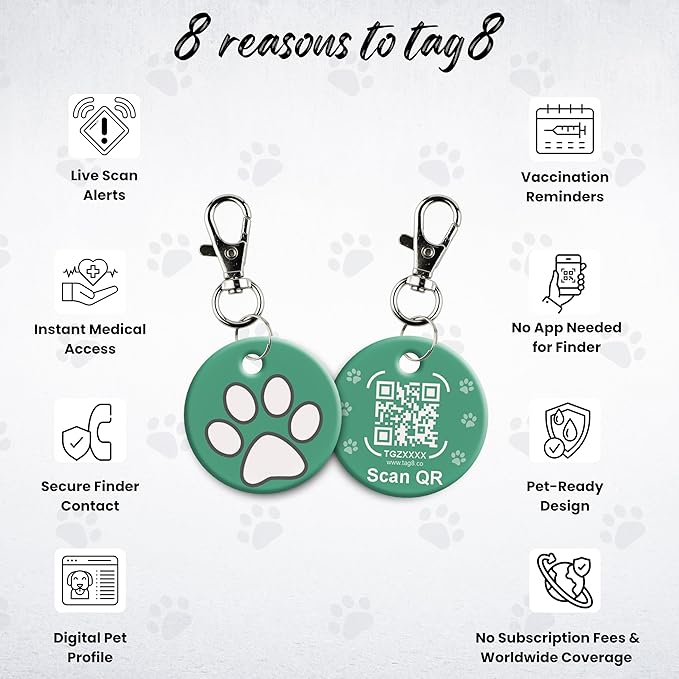 tag8 QR Code ID Tag for Dogs & Cats, Real-Time Scan Alerts, Online Pet Info Access, No Subscription or Fees, Durable Pet Tag for Collars - Green