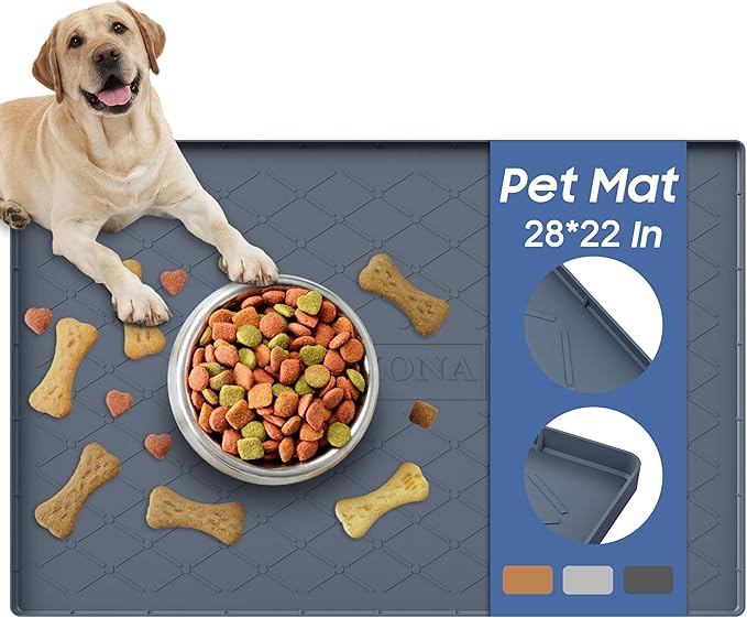 URMONA Large Dog Food Mat, 28" x 22" Pet Food Mat, Waterproof Dog Cat Food Mat with Raised Edges, Silicone Pet Food Mat, Dog Accessories, Prevents Food Spills, Protects Floors（Dark Gray）