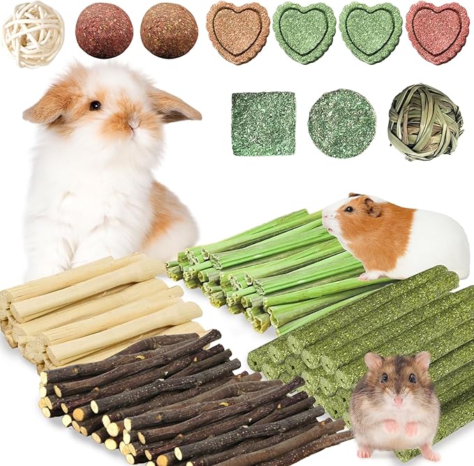 60Pcs Rabbit Chew Toys, Bunny Treats for Rabbits Bunny Toys for Teeth, Papaya Stem, Timothy Stick, Apple Sticks, Sweet Bamboo, for Guinea Pig, Hamster, Chinchilla, Rat