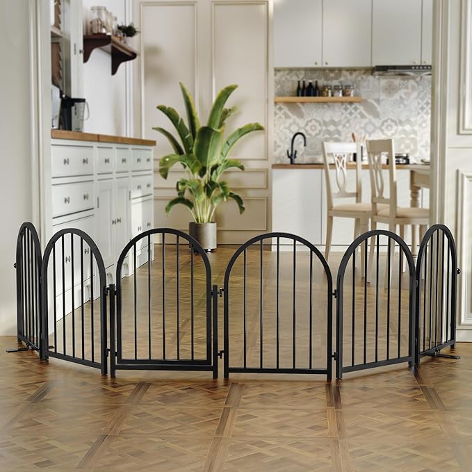 Full Metal Dog Gate with Door for Indoor Outdoor, 24" Tall Free Standing Pet Dog Fence, 108" Extra Wide Pet Gates for Stairs, Hallways, Doorways, Kitchen, Decks, Yards (Black, 6 Panels)