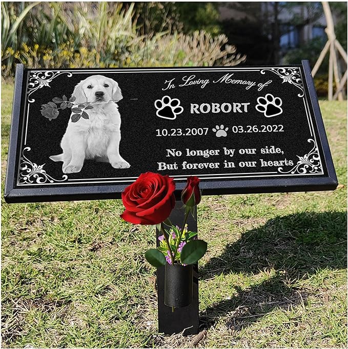 Dog Headstone, Memorial Stone,Black Granite Memorial Garden Stone Engraved with Photo,Pet Headstones Personalized Pet Memorial Stones for Dog,Cat Tombstone (Dog Memorial Stone)