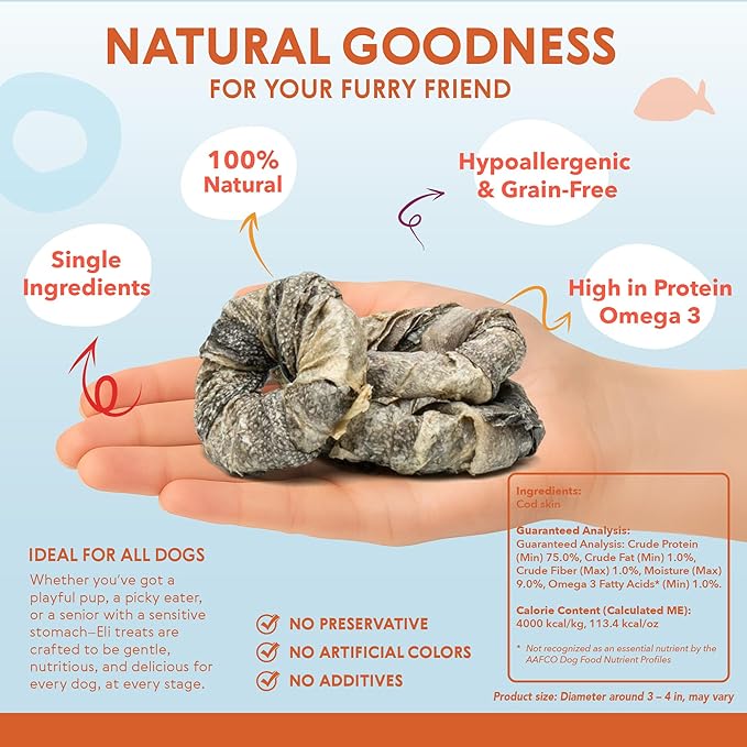 Eli Cod Skin Rings – A Natural, Protein-Rich Dog Treat Made from Crunchy Cod Skin Loops, High in Omega-3, Ideal as a Longer-Lasting Reward, Single Ingredient, Grain Free, Air Dried – 2.45oz