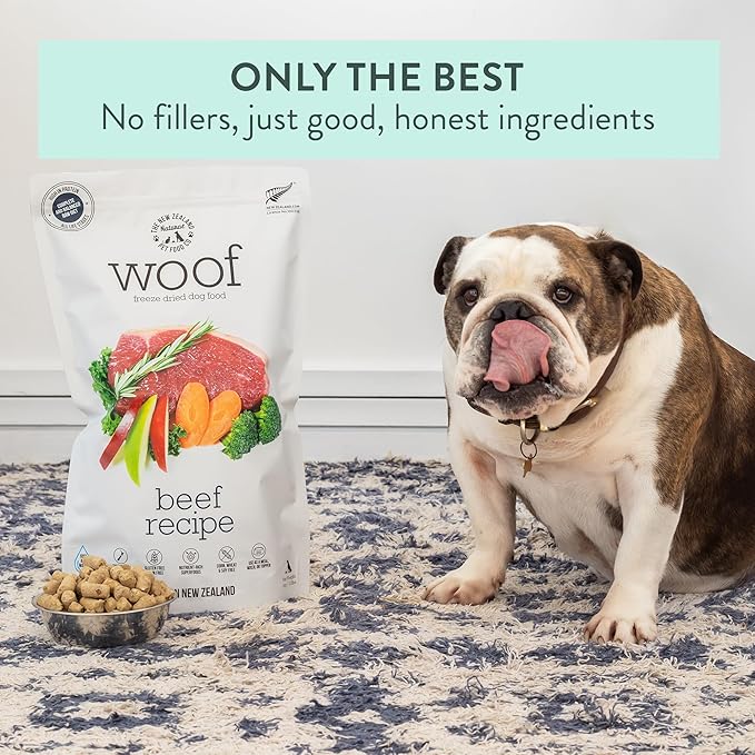 The New Zealand Natural Pet Food Co WOOF Freeze Dried Dog Food - Beef Recipe, High Protein, Use as a Complete Diet, Dog Food Topper, Mixer, or as Dog Treats, All Life Stages, 9.9 oz