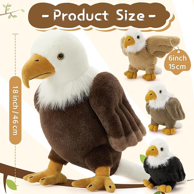 4Pcs Bald Eagle Stuffed Animal Plush, 18 Inch Mommy Eagle Plush with 3 Baby Bald Eagles, Stuffed Bald Eagle Plushie Toy Gifts for Boys and Kids