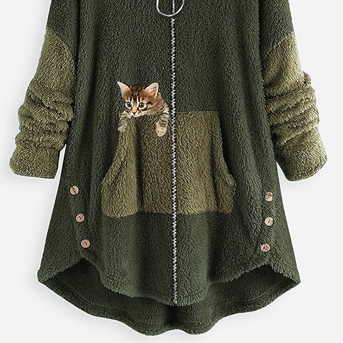 Akivide Women's Oversized Zip Up Sherpa Hoodie Fuzzy Fleece Jacket Cat Kitty Print Lightweight Faux Shearling A Line Coat