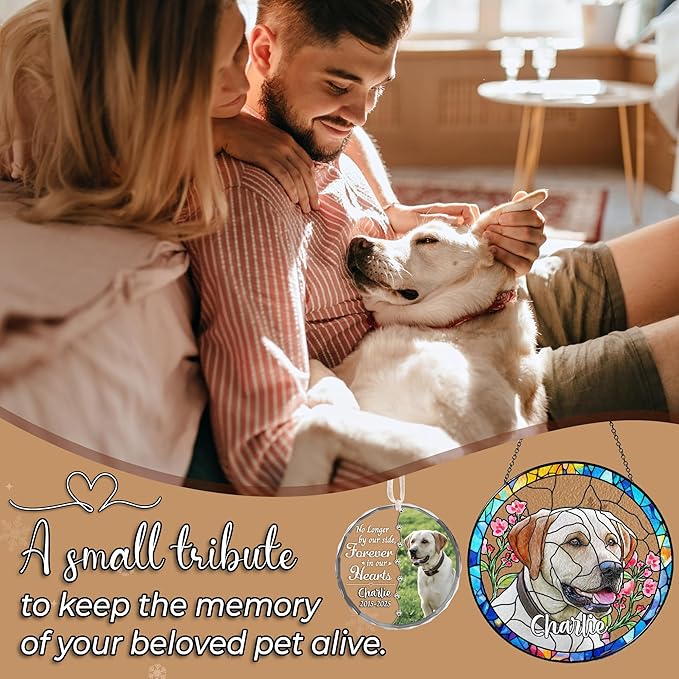 Personalized Pet Stained Glass Window Hanging, Dog Memorial Suncatcher Picture, Sympathy Gift for Loss of Pet, Cat Bereavement Keepsake Portrait Photo, Remembrance Gift for Dog Lovers