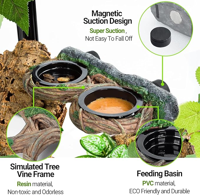 REPTI ZOO Magnetic Reptile Feeding Ledge, Gecko Feeder Ledge with 4PCS Cups, Hollow Vine Food Dish, Reptile Water Bowl for Bearded Dragon Lizard Snake Turtle, Terrarium Tank Accessories