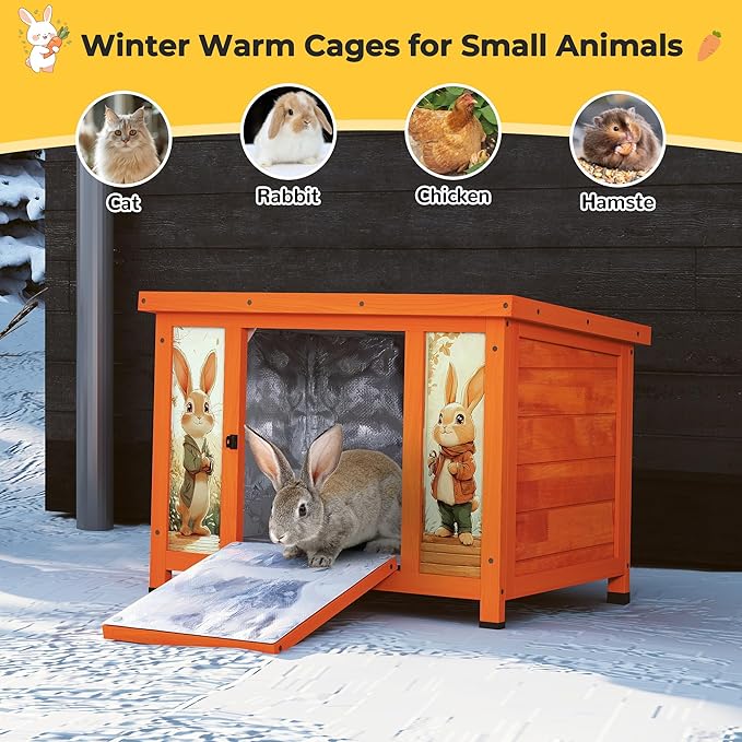 COZIWOW 25" Solid Wood Insulated Small Animal House, Heated Outdoor/Indoor Cat House Rabbit Cage with Warm Liner, Lightweight Pet Shelter with Colorful Prints for Cats, Rabbits (Orange, Winter Warm)