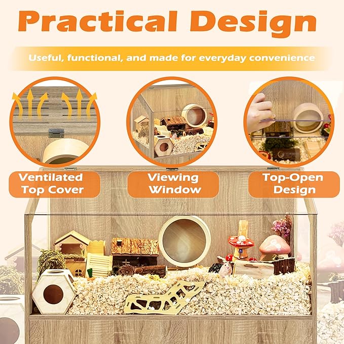 PROLEE Hamster Cage with Storage Cabinet,Large Hamster Encloure Chew Proof Wood,Clear View Hamster Habitat for Guinea Pig, Ferret, Rat, Hedgehog, 40" L x 20" W x 47" H (White Oak)