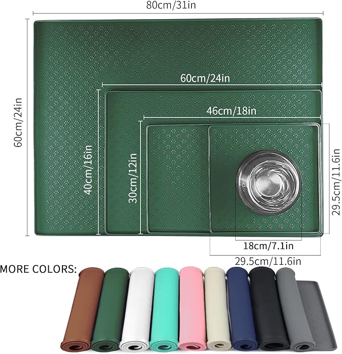 Ptlom Pet Placemat for Dog and Cat, Waterproof Silicone Pet Feeding Bowl Mats for Food and Water, Small Medium Large Dogs Mat Prevent Residues from Spilling to Floor, Hunter Green, 18" 12"