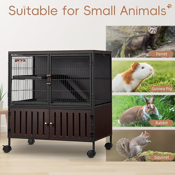 HABUTWAY 36.5''H Metal Large Ferret Cage, Rolling Chinchilla Cage with Removable Ramps& Double Door, Critter Nation with Locker, Small Animal Cage, Rat Indoor Wooden Pet Crate Furniture
