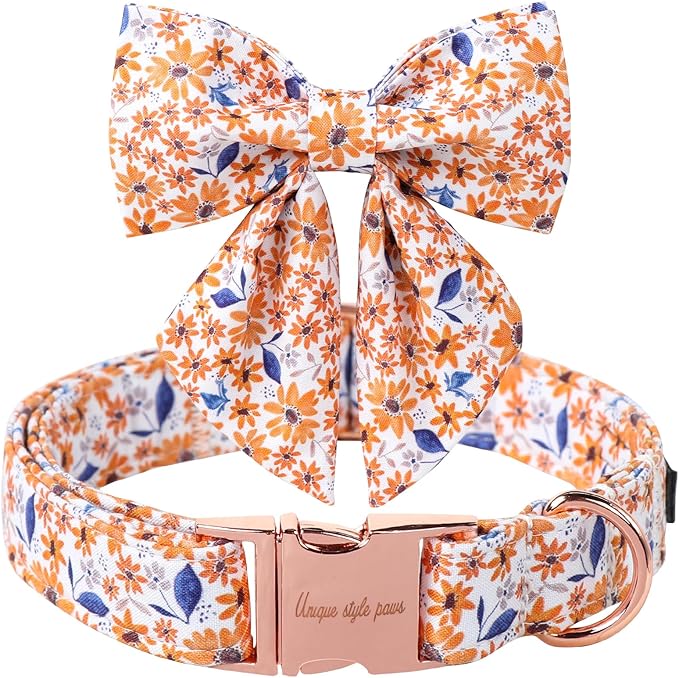 Unique Style Paws Autumn Leaf Collar with Bowtie Blue Leaf Flower Cotton Dog Collars for Small Medium Large Dogs