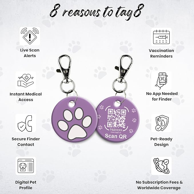 tag8 QR Code ID Tag for Dogs & Cats, Real-Time Scan Alerts, Online Pet Info Access, No Subscription or Fees, Durable Pet Tag for Collars - Purple
