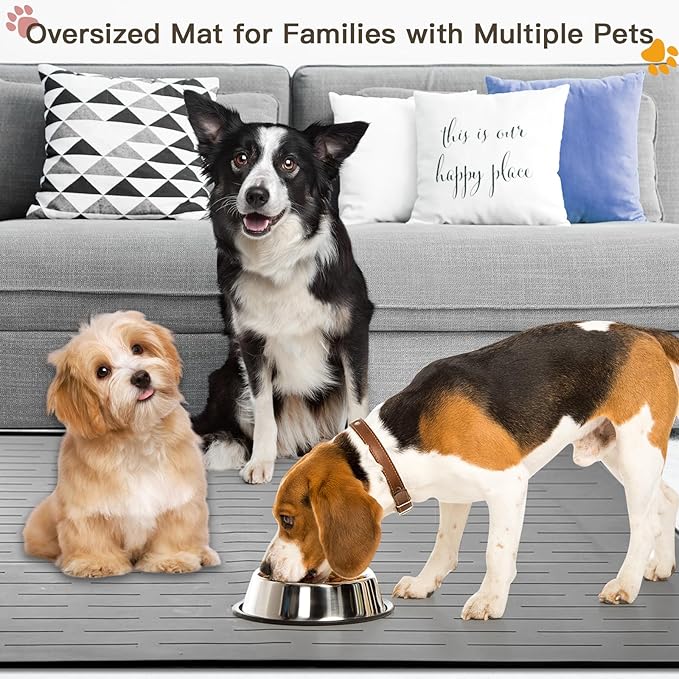 Largest Dog Food Mat, 39.5"x29.5" Silicone Dog and Cat Mat for Food and Water Bowls, Thinken Waterproof Non-Slip XXXL Pet Feeding Mat for Floors (Dark Gray)