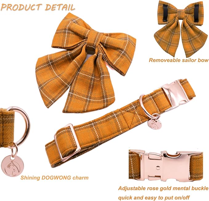 DOGWONG Cotton Dog Collar with Bowtie, Stylish Christmas Red Plaid Dog Collar Adjustable Puppy Necklace for Small and Medium Dogs