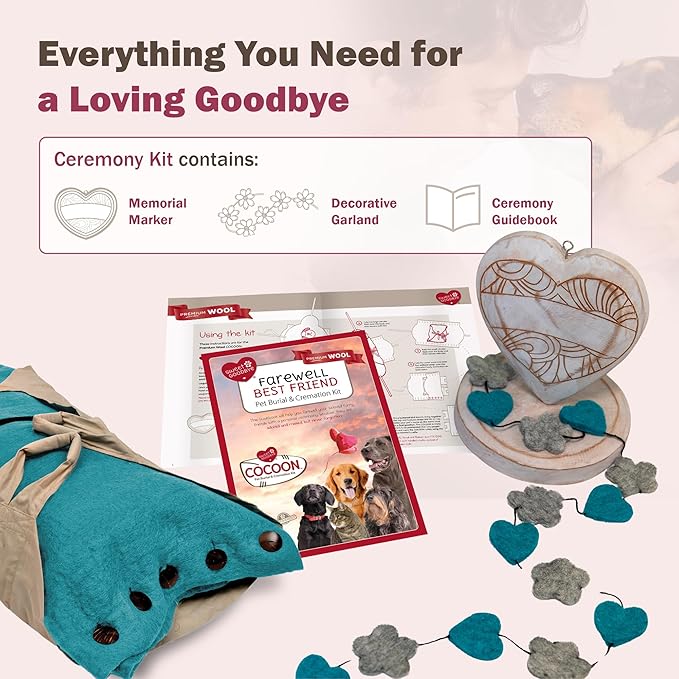 Cocoon® - Eco-Friendly Pet Burial & Cremation Ceremony Kit (Premium Wool) - Casket for Dogs and Cats – Size for Every Breed (Choose Size & Color) (Small, Teal Green)