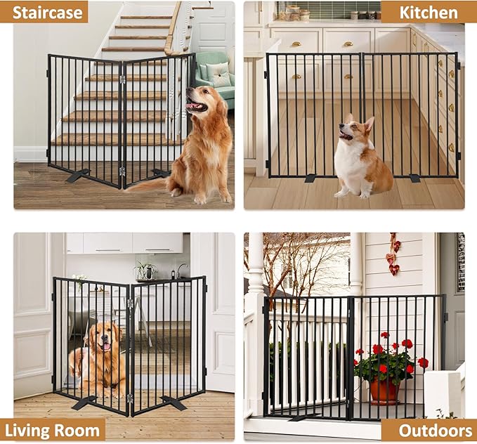 Metal Freestanding Dog Gates,Extra Wide 24", 32" Height Foldable Dog Fence for Indoor & Outdoor, Heavy Duty Freestanding Pet Barrier for Stairs, Doorways, Halls, Kitchen,Yard
