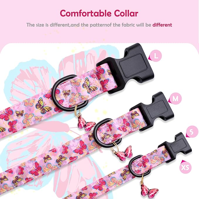 Faygarsle Dog Collar for Small Medium Large Dogs Cute Pink Puppy Collars for Female Dogs Butterfly Patterned Pet Collars for Summer Spring Wedding Puppy Necklace Girl Dog Collar L