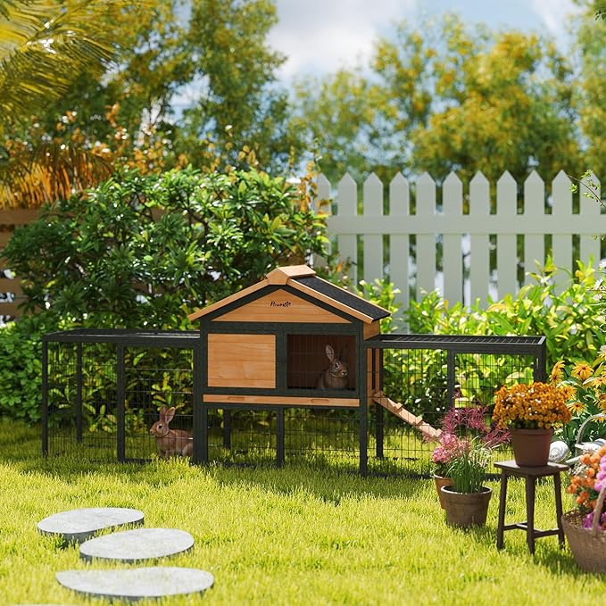 PawHut Rabbit Hutch Outdoor, 85" Large Wooden Bunny Cage with Steel Run, Removable Tray, Waterproof Roof, Ramp, Metal Guinea Pig Cage for 2-3 Small Animals, Rabbits, Chickens, Ducks, Backyard Garden