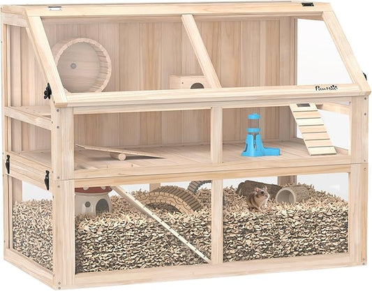 PawHut Wooden Hamster Cage, 3 Tier Small Animal Cage with Detachable 12.4" Deep Bottom, Hut, Seesaw, Exercise Wheel, Ramps, Hamster Habitat for Dwarf, Gerbil, 37" x 21" x 30"