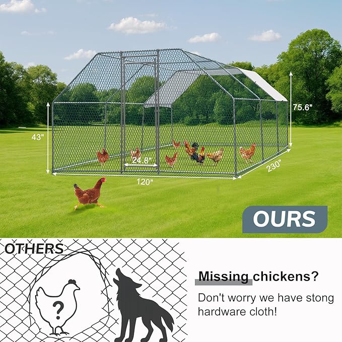 VINGLI Chicken Coop, 19.7 * 9.8 * 6.5 ft Large Metal Poultry Cage for Chicken Run, Walk-in Chicken Pen with Waterproof & Anti-UV Cover for Yard Outdoor (Silver-Flat Roof)