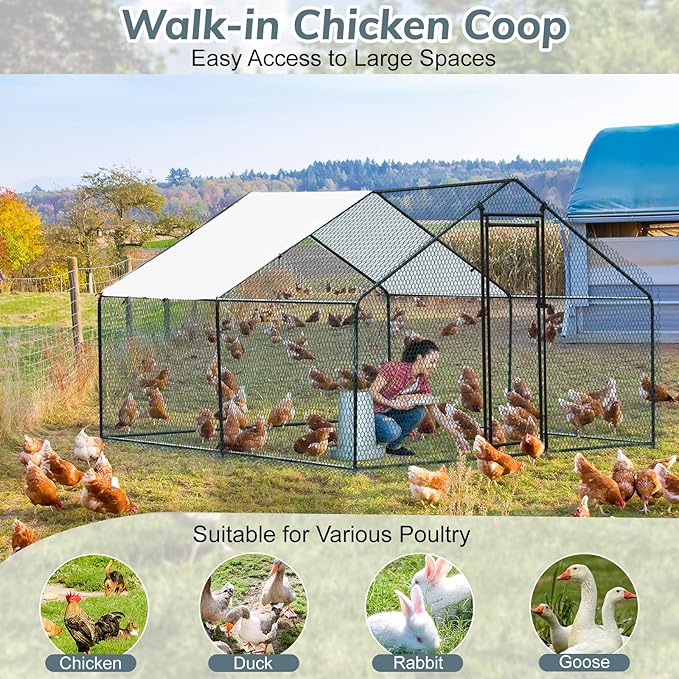 VINGLI Chicken Coop, 9.8x9.8x6.5 ft Large Metal Poultry Cage for Chicken Run, Walk-in Chicken Pen with Waterproof & Anti-UV Cover for Yard Outdoor (Black-Spire Roof)