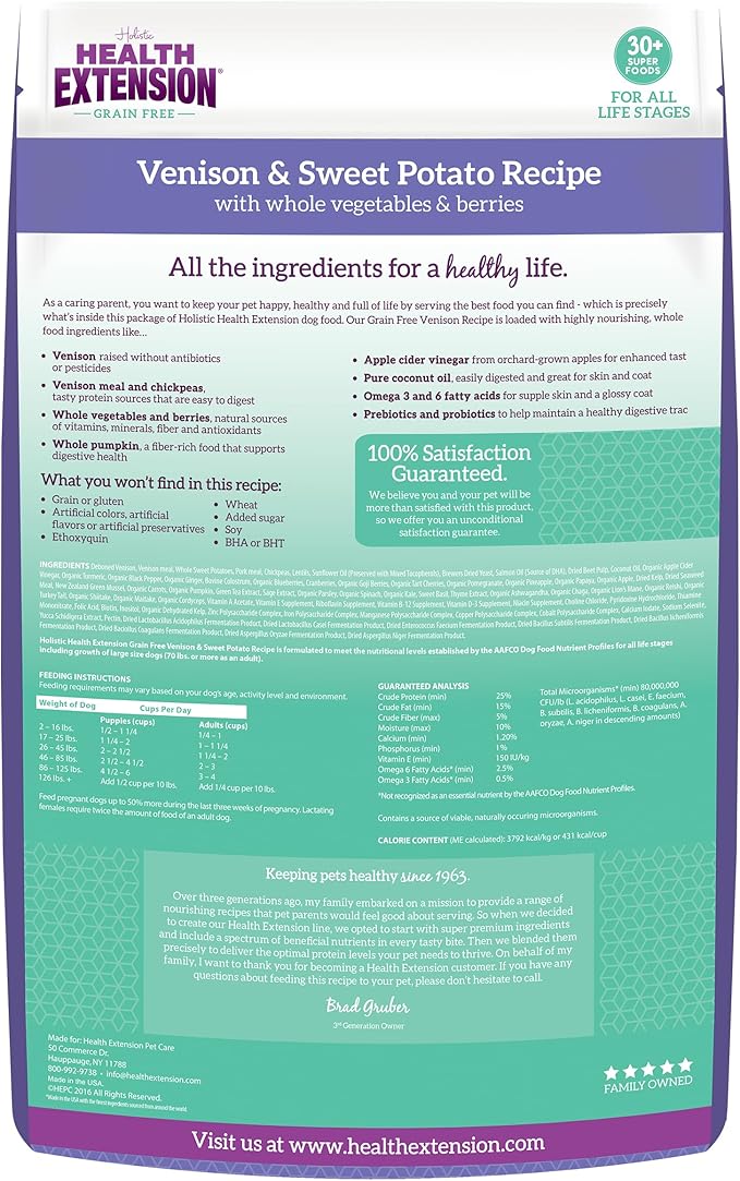Health Extension Grain Free Venison & Sweet Potato Dry Dog Food - 30+ Superfoods and Probiotics for All Life Stages (10lb)