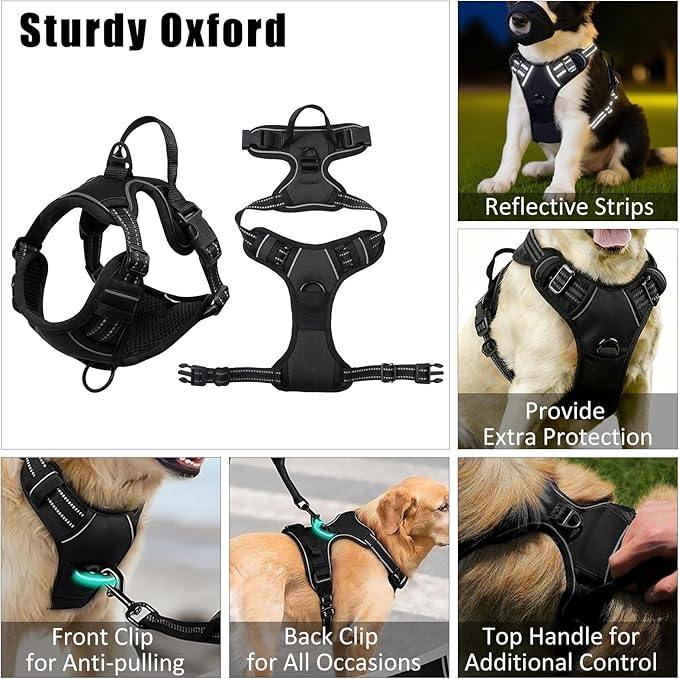 No Pull Dog Harness Adjustable Collar & Leash Set - Dog Halter Harnesses Collapsible Bowls & Poop Bag Dispenser Muzzle ID Tags Toys Fits Small Medium Large Dogs (Black-L)