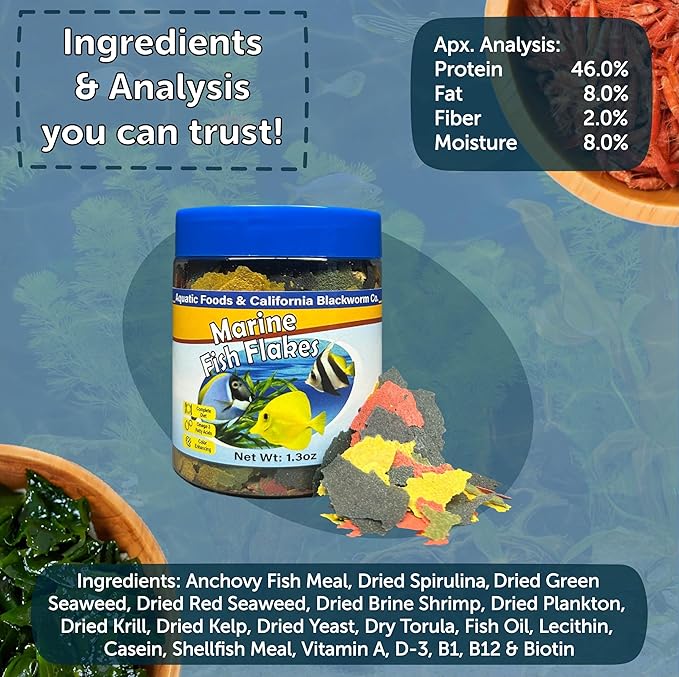 Aquatic Foods Inc. Premium Marine Fish Flakes with Algae, Seaweed and Nori for Clown Fish, Tangs, Butterflies, Angel Fish, 4-Type Wafer Mix & 12-Type Pellet Mix Included 7.0oz Canister