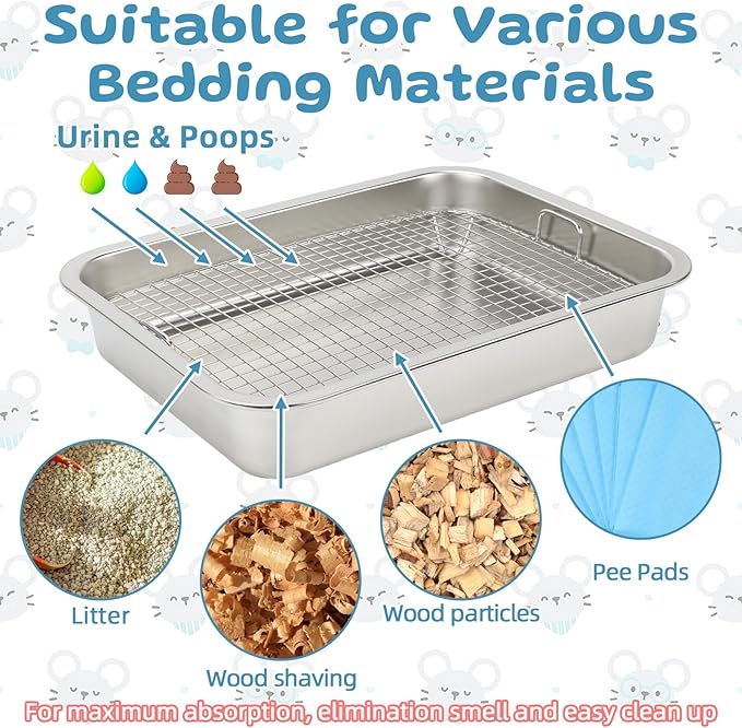 FHTONGE Stainless Steel Guinea Pig Litter Box for Cage, Stainless Steel Litter Pan for Rabbit Rat Hedgehog Hamster Ferret, Rectangular Chinchilla Metal Tray Small Animal Toilet Trainer with Grid