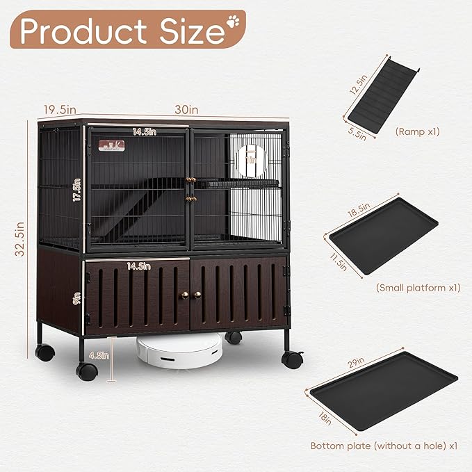 HABUTWAY 36.5''H Metal Large Ferret Cage, Rolling Chinchilla Cage with Removable Ramps& Double Door, Critter Nation with Locker, Small Animal Cage, Rat Indoor Wooden Pet Crate Furniture