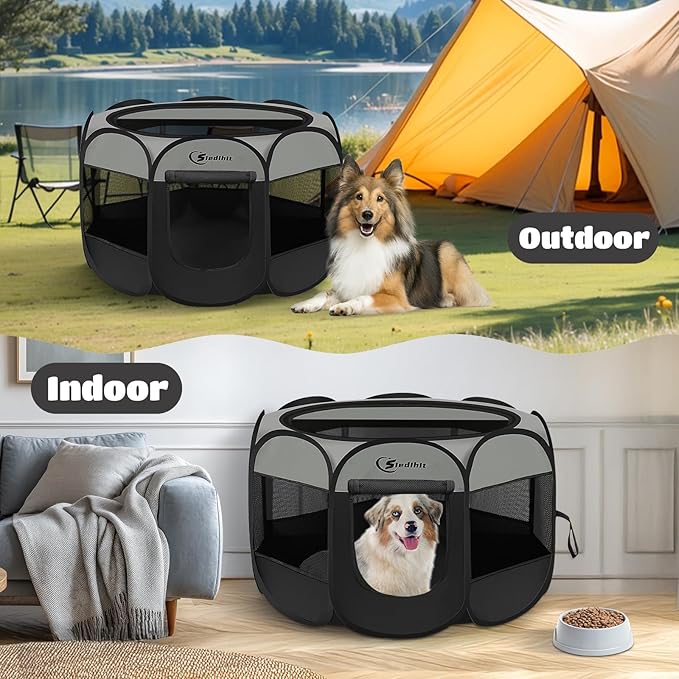 Dark Grey Puppy Playpen for Large Dog Cat, Dogs Tent Crates Cage Indoor/Outdoor, Portable Pop Up Dog Kennel with Carrying Bag for Rabbits, (Dark Grey, Large)