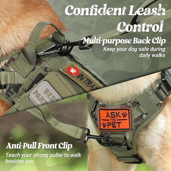 rabbitgoo Tactical Dog Harness for Small, Heavy Duty Pet Harness with Handle, No-Pull Service Vest Small Breed, Adjustable Military Dog Vest for Training Hunting Walking, Green Camo, S