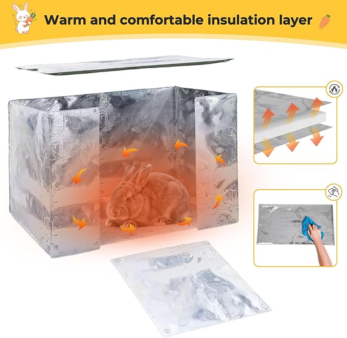COZIWOW 25" Solid Wood Insulated Small Animal House, Heated Outdoor/Indoor Cat House Rabbit Cage with Warm Liner, Lightweight Pet Shelter with Colorful Prints for Cats, Rabbits (Orange, Winter Warm)