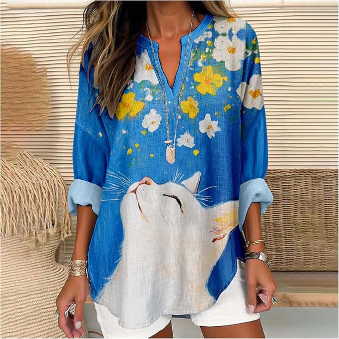 MARSVOVO Cat Shirts for Women Long Sleeve Cute Cat Pullover Graphic Novelty V Neck Blouse Oversized Funny Tunic Tops