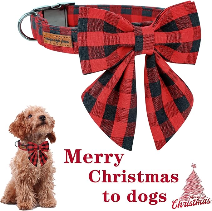 Unique style paws Christmas Dog Collar with Bow Tie Classic Red Plaid Puppy Collar for Small Medium Large Dogs as Holiday Winter Gifts-XL