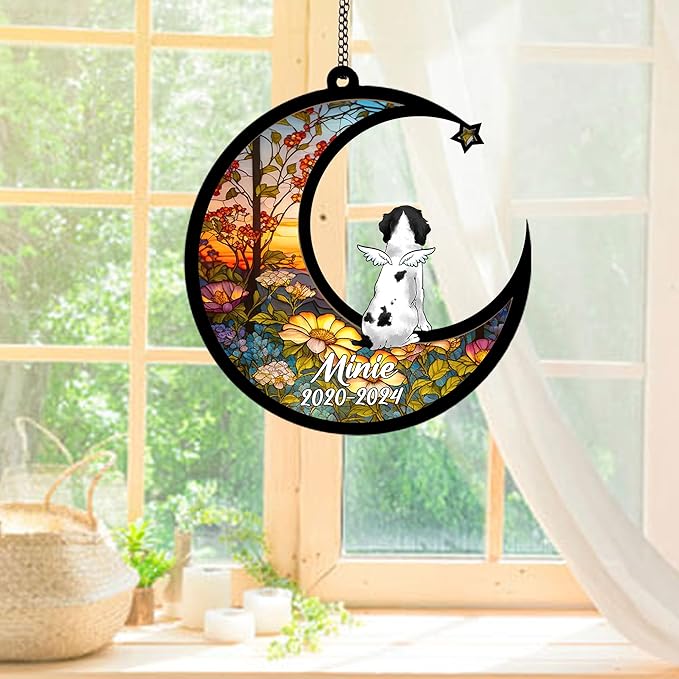 Personalized Brittany (Black) Sun Catcher, Dog Memorial Gifts, Custom Brittany (Black) with Wings Ornament Christmas Tree, Loss of Dog Sympathy Gift Memorial Suncatchers