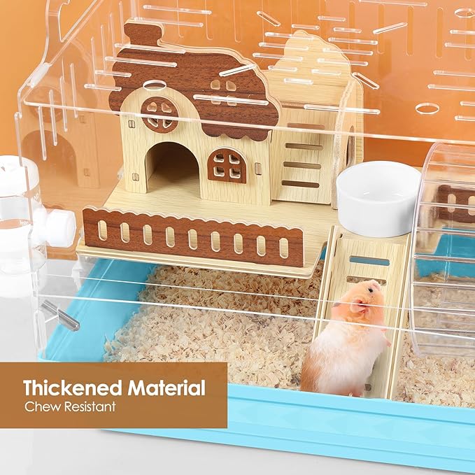 Acrylic Hamster Cage Small Hamster Habitat 360 Viewing Hamster Enclosure with Running Wheel & Chewproof Hideout for Dwarf, Guinea Pig, Gerbils, Blue, 13.3" L*10.2" W*12.4" H