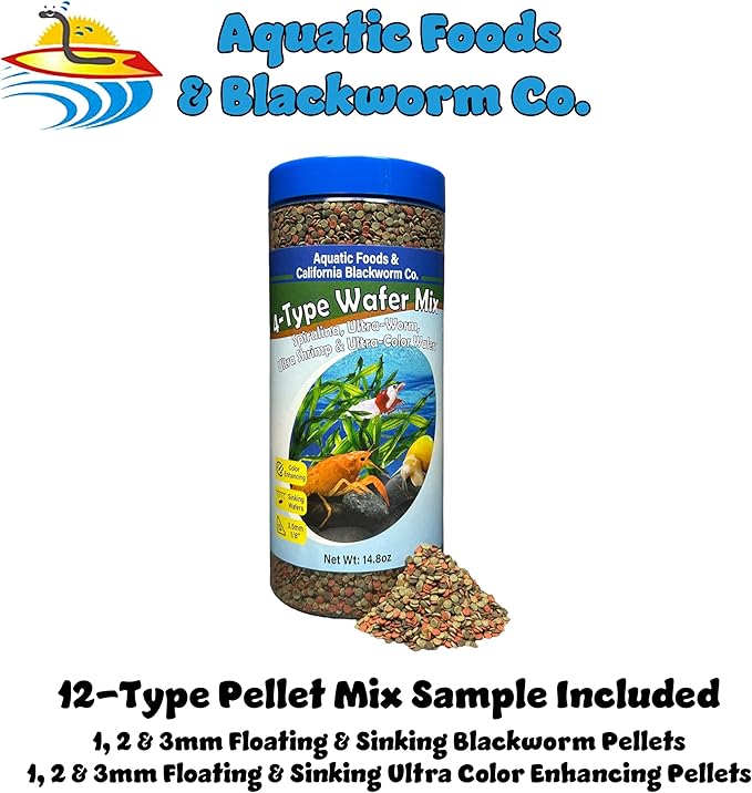 Aquatic Foods Inc. 4-Type 3.5mm - 1/8" Sinking Wafer Mix of Spirulina-Algae, Ultra-Worm, Ultra-Shrimp, Color Enhancing Wafers for Shrimp, Snails, Crayfish, All Tropical Fish, 3.5mm..1-lb 4oz Canister
