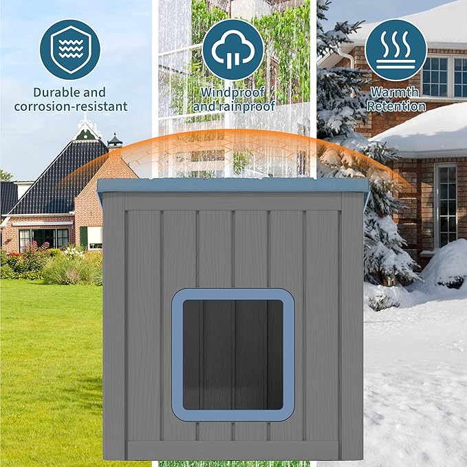 NUNU LAB Outdoor Cat House – Weatherproof & UV Resistant PP Material Shelter with Sloped Asphalt Roof, Durable Cat Condo for Garden, Patio, and Backyard (Blue, Large)