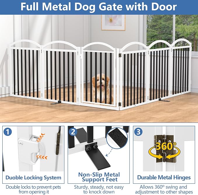 Malier Metal Freestanding Dog Gate with Door, 32'' Height 6 Panels Dog Gate for House, Extra Wide Foldable Indoor Puppy Fence (Black + White, 【6 Panels with Door】 144''W × 32''H)