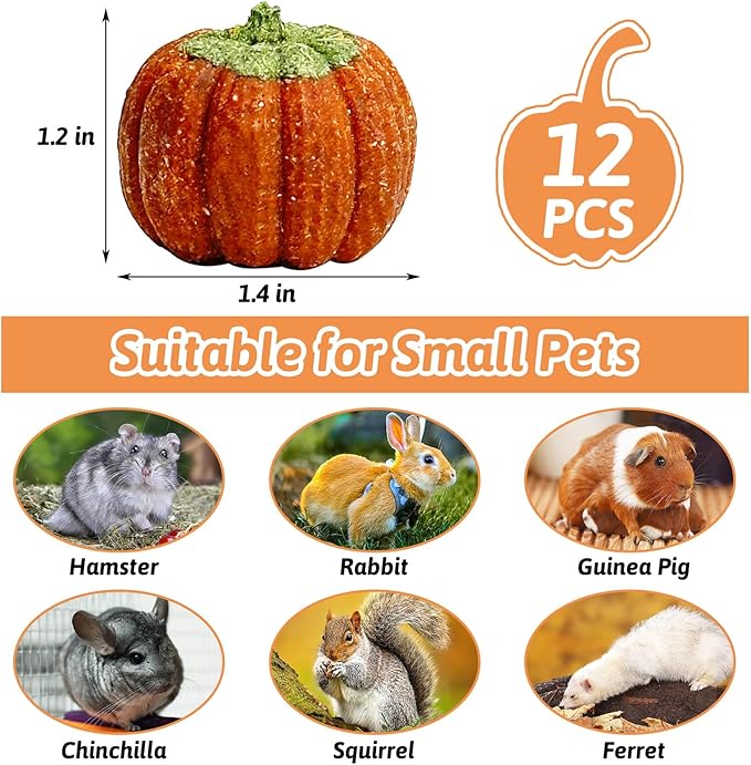 Fhiny 12 PCS Rabbit Chew Toys, Natural Pumpkin Carrot Timothy Grass Guinea Pig Chew Toys for Teeth Bunny Molar Snacks Dental Care Hamster Treats for Bunny Guinea Pig Chinchilla Hamster Gerbil