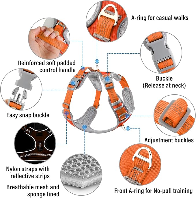 Plutus Pet No Pull Dog Harness, Release at Neck, Reflective Adjustable Dog Vest Harness, Easy Control Handle for Walking, for Small Medium Large Dogs, Orange, L