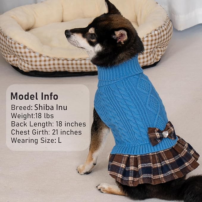 KYEESE Dog Sweater Comfy Dogs Clothes with Bowtie Warm Pullover Pet Coats Soft Turtleneck Dog Sweaters for Small Dogs Male Stretchy Knitwear Pet Sweater Dress, Blue, Large