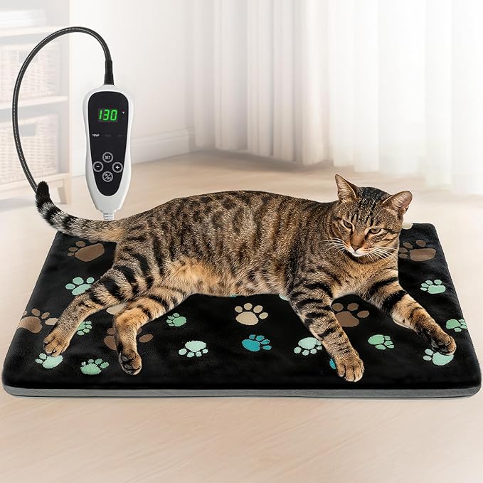 Cat Heating Pad 17x13 in with Smart Thermostat Switch and Power Line Protection Tube,Obtained MET and UL Dual Certification,Waterproof Pet Heating Pad for Cats-Black