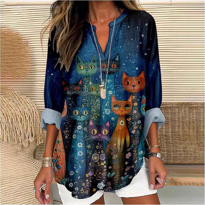 MARSVOVO Cat Shirts for Women Long Sleeve Cute Cat Pullover Graphic Novelty V Neck Blouse Oversized Funny Tunic Tops