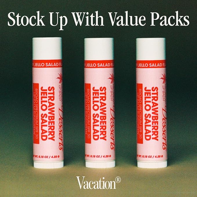 Vacation Strawberry Jello Salad SPF 30 Lip Balm, Hydrating Sunscreen for Lips, Water-Resistant, Lightweight, Transparent Sheen, Vegan Formula Made without Beeswax (Pack of 3)