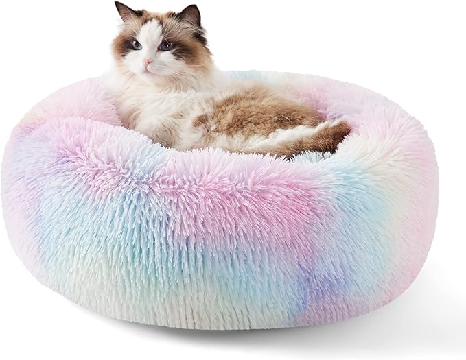 Bedsure Calming Cat Beds for Indoor Cats - Small Washable Round Cat Bed, Anti-Slip Fluffy Plush Faux Fur Pet Bed, Fits up to 15 lbs Pets, Multi-Colored, 20 inches