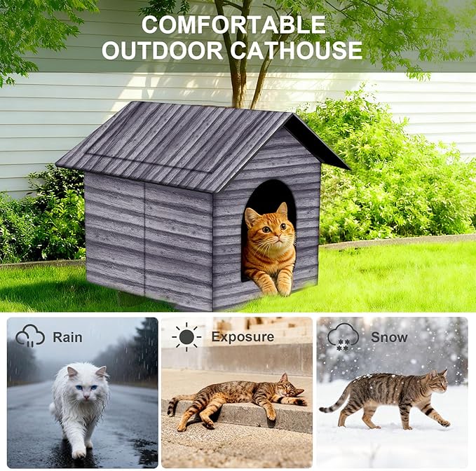Outdoor Cat House Cat House for Outdoor and Indoor Use - Waterproof Shelter for Cats, Dogs, and Feral Animals (Grey Wood Color, Large)